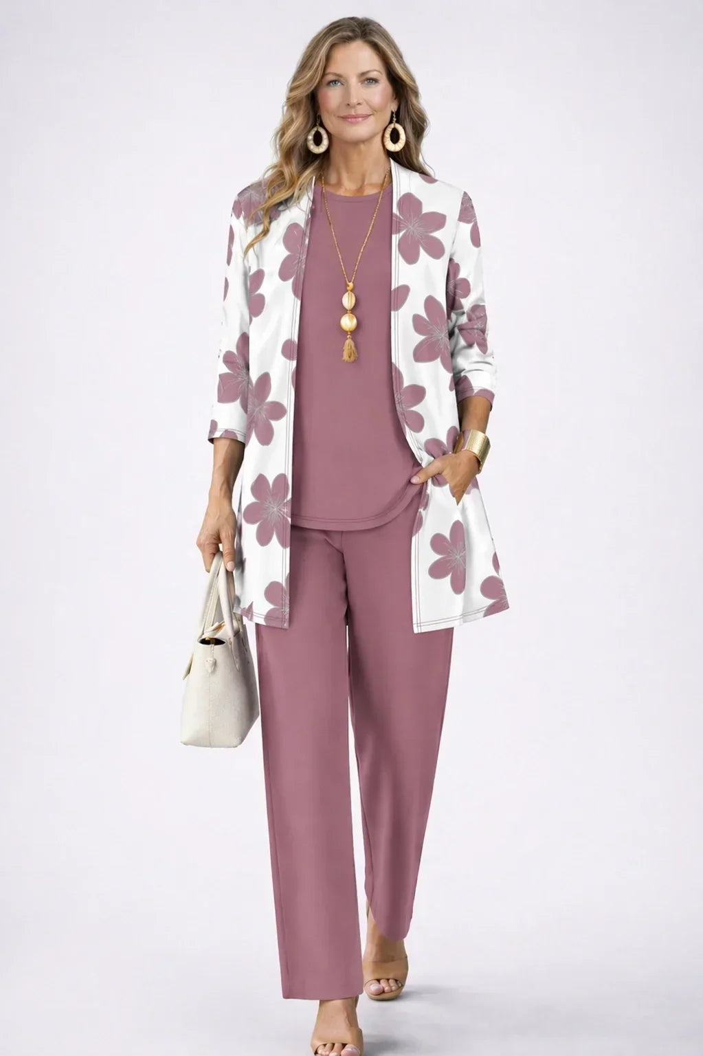 Marianne | Ensemble trois pièces fleuri vieux rose