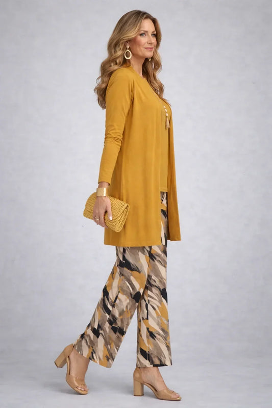 Honora | Mustard Three-Piece Set with Printed Pants