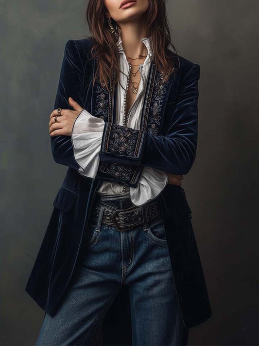 Gwendolyn | Navy Vintage Embroidered Longline Jacket