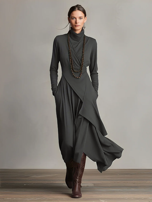 Rosalind | Boho Turtleneck Maxi Dress with Asymmetric Draping