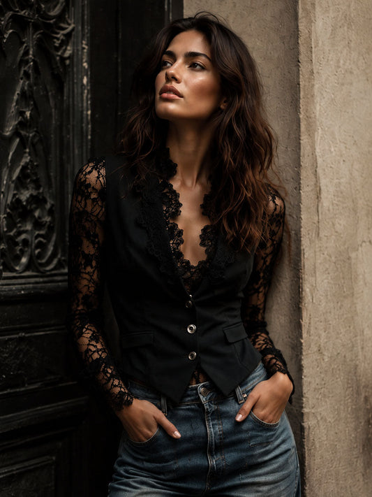 Evangeline | Black Blazer Top with Sheer Sleeves
