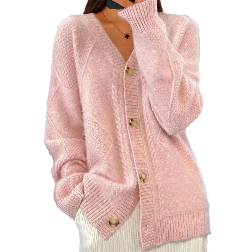 Amandine | Cardigan boutonné col V à maille losange, pièce du quotidien