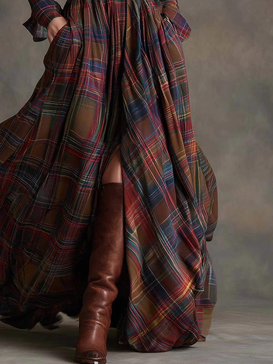 Mylène | Robe longue à carreaux avec ceinture