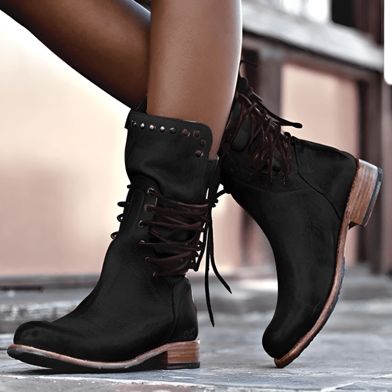 Bottes mi-mollet cloutées à lacets et petit talon pour femme
