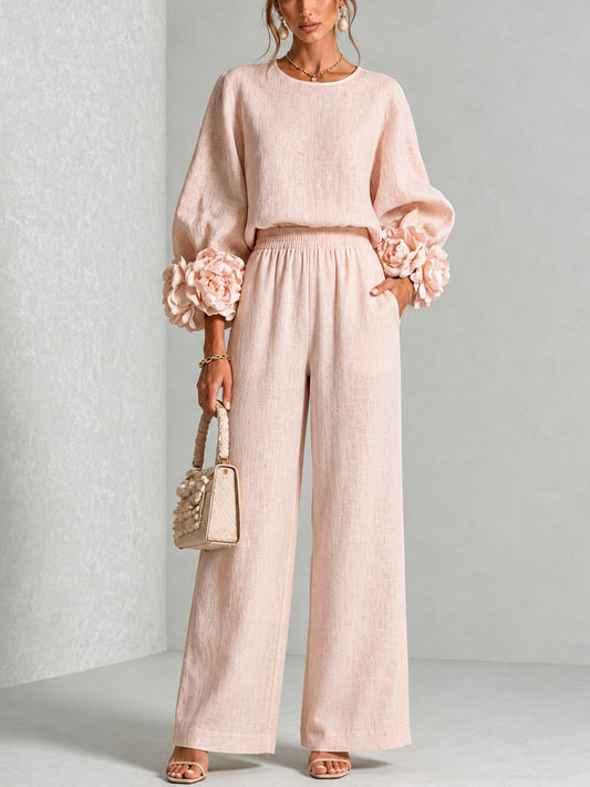Lillian | Two-Piece Set with Rosette Cuffs and Wide-Leg Pants