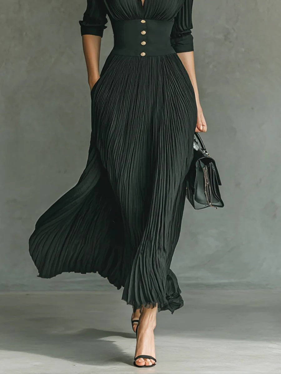 Florence | Robe longue plissée à revers et taille haute
