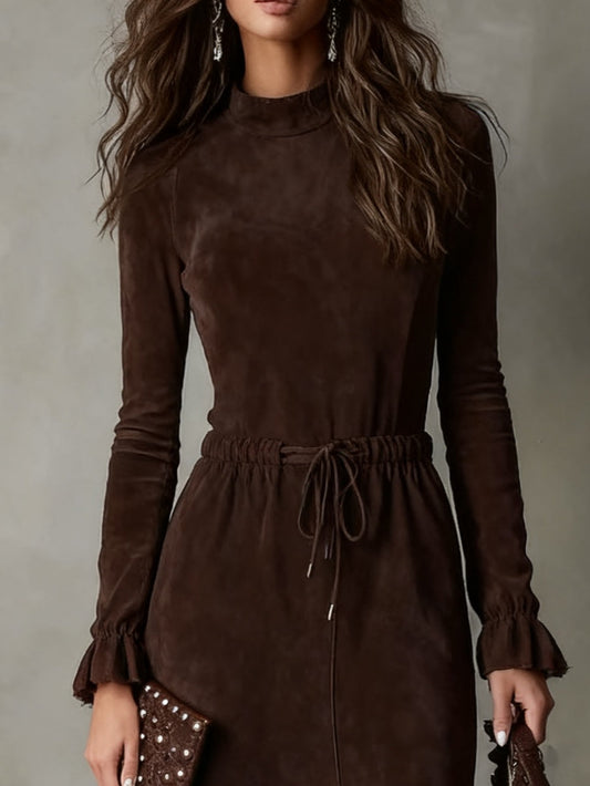 Stella | Elegant Dark Brown Suede Midi Dress with Drawstring