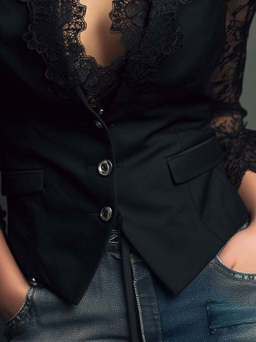 Évangéline | Haut blazer noir à manches transparentes