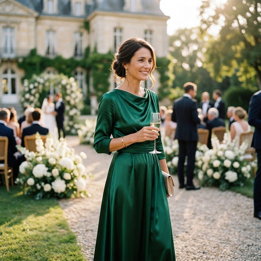 Invitée en robe de satin émeraude à un mariage