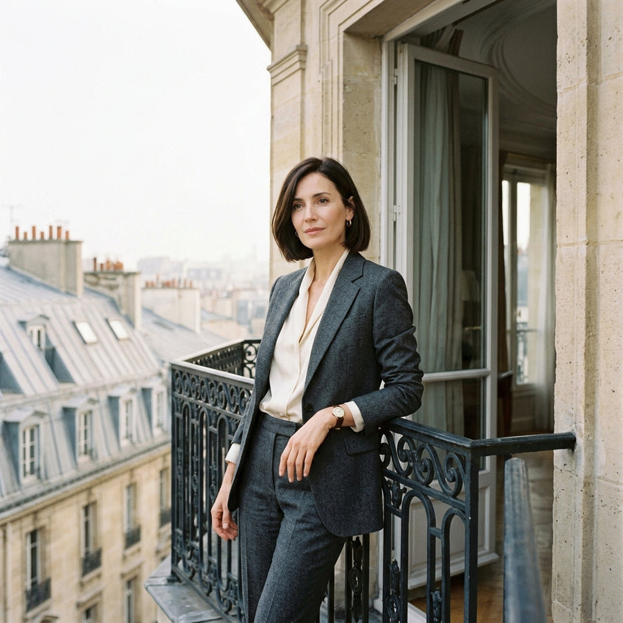 Femme en tailleur sur un balcon haussmannien