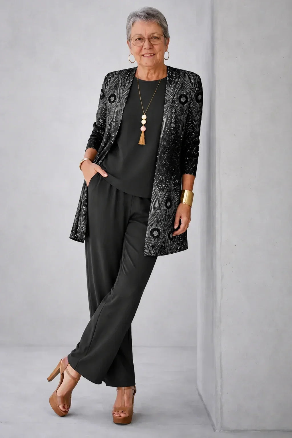 Vera | Ensemble trois pièces paisley noir & argent