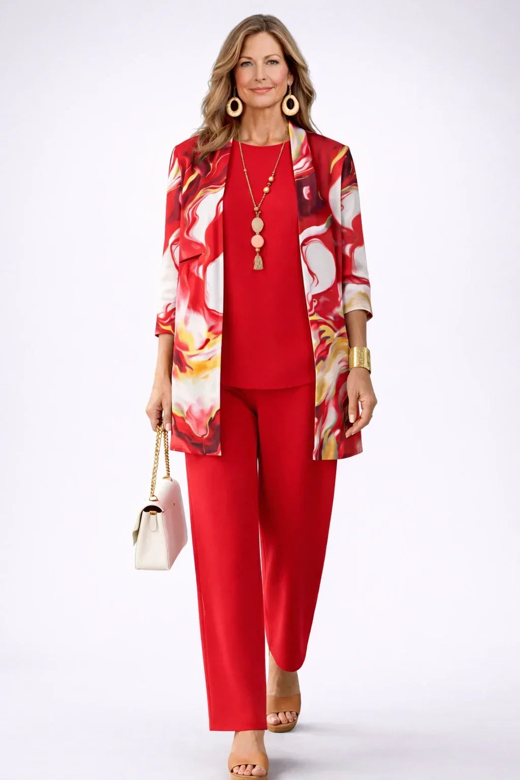 Theodora | Tenue trois pièces rouge à imprimé volutes