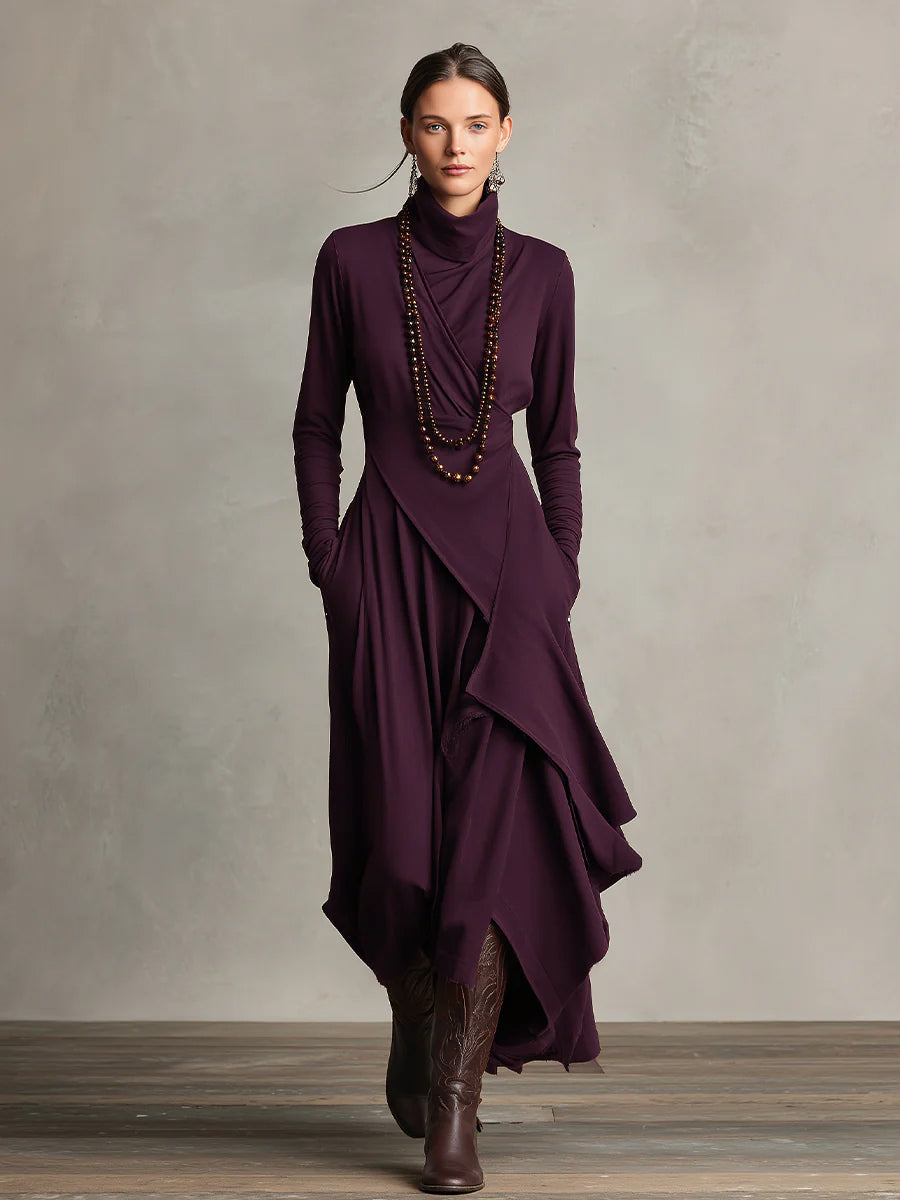 Rosalind | Robe longue bohème à col roulé et drapé asymétrique