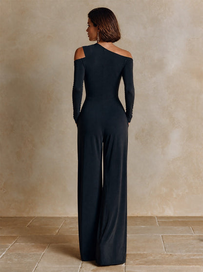 Lucille | Combinaison noire asymétrique à une épaule et jambes larges