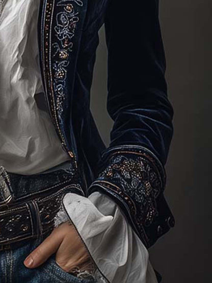 Gwendolyn | Veste longue vintage brodée bleu marine