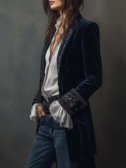 Gwendolyn | Veste longue vintage brodée bleu marine