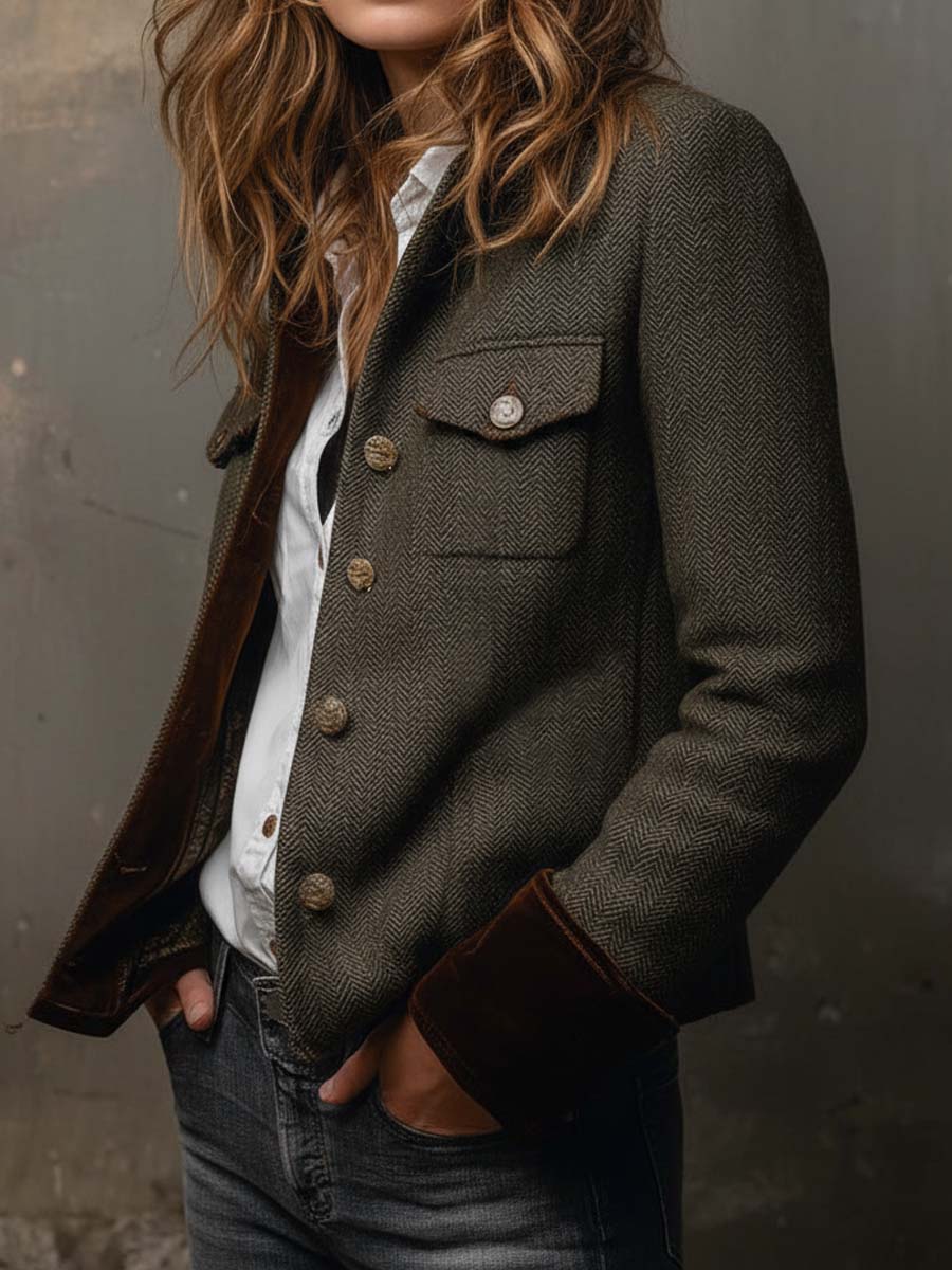 Theresa | Vintage Chevron Blazer with Contrast Piping