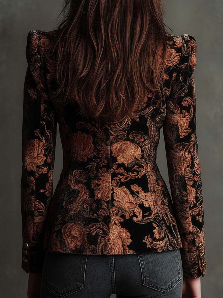 Priscilla | Blazer ajusté noir et bronze à imprimé floral