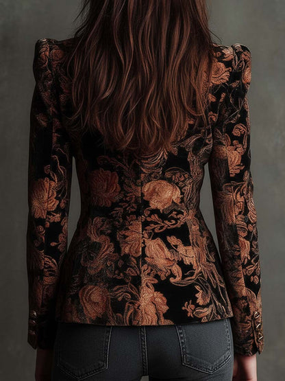 Priscilla | Blazer ajusté noir et bronze à imprimé floral