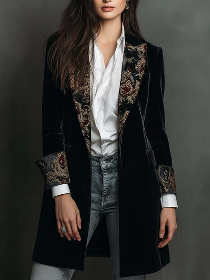 Véronique | Blazer ajusté noir à imprimé baroque