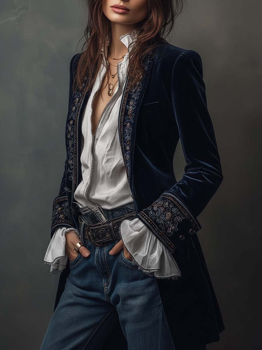 Gwendolyn | Veste longue vintage brodée bleu marine