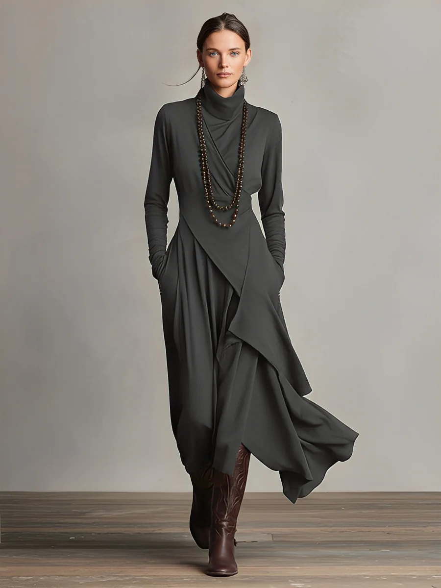 Rosalind | Robe longue bohème à col roulé et drapé asymétrique