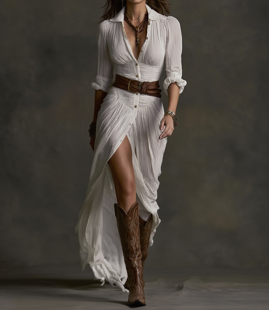 Willa | Long Linen Dress with Lapel Collar