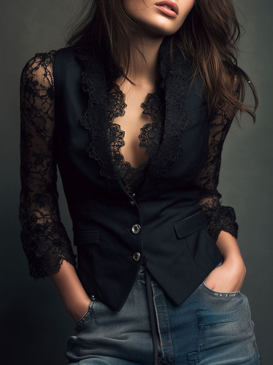 Evangeline | Black Blazer Top with Sheer Sleeves