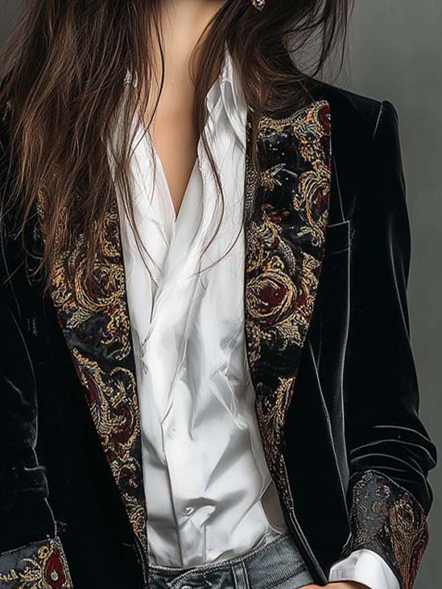 Véronique | Blazer ajusté noir à imprimé baroque