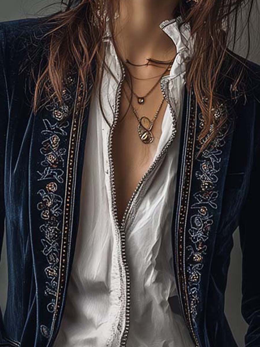 Gwendolyn | Veste longue vintage brodée bleu marine