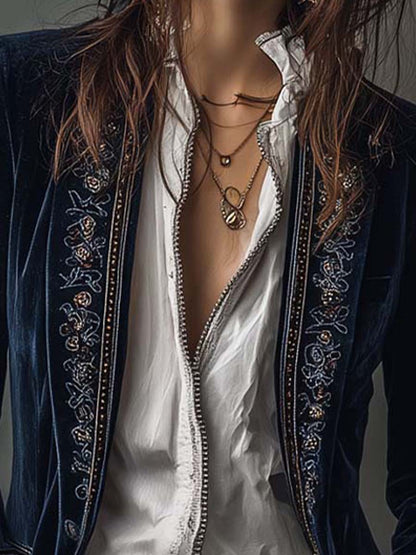 Gwendolyn | Veste longue vintage brodée bleu marine