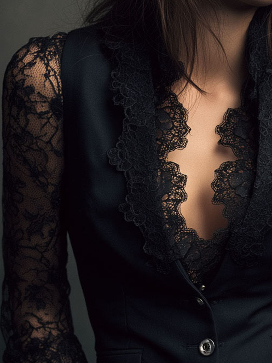 Évangéline | Haut blazer noir à manches transparentes