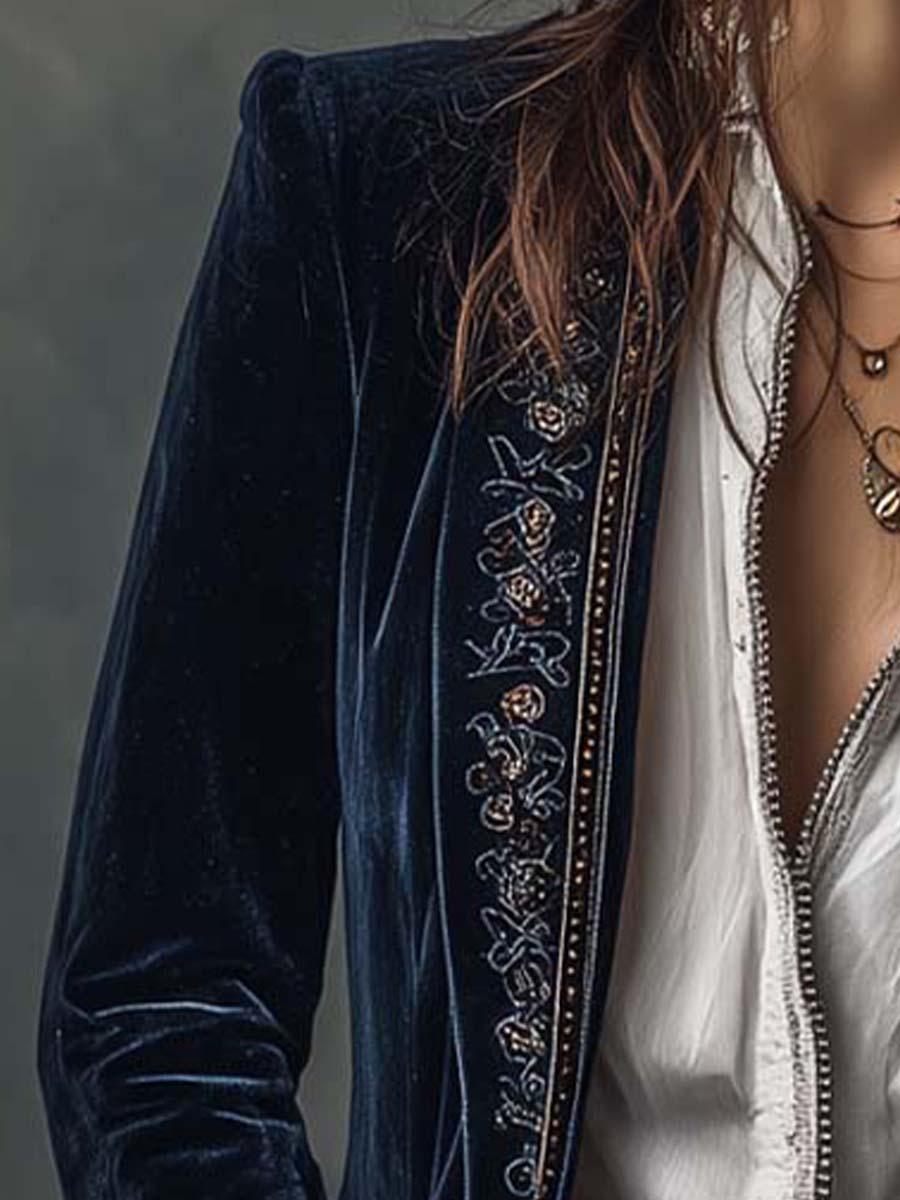 Gwendolyn | Veste longue vintage brodée bleu marine