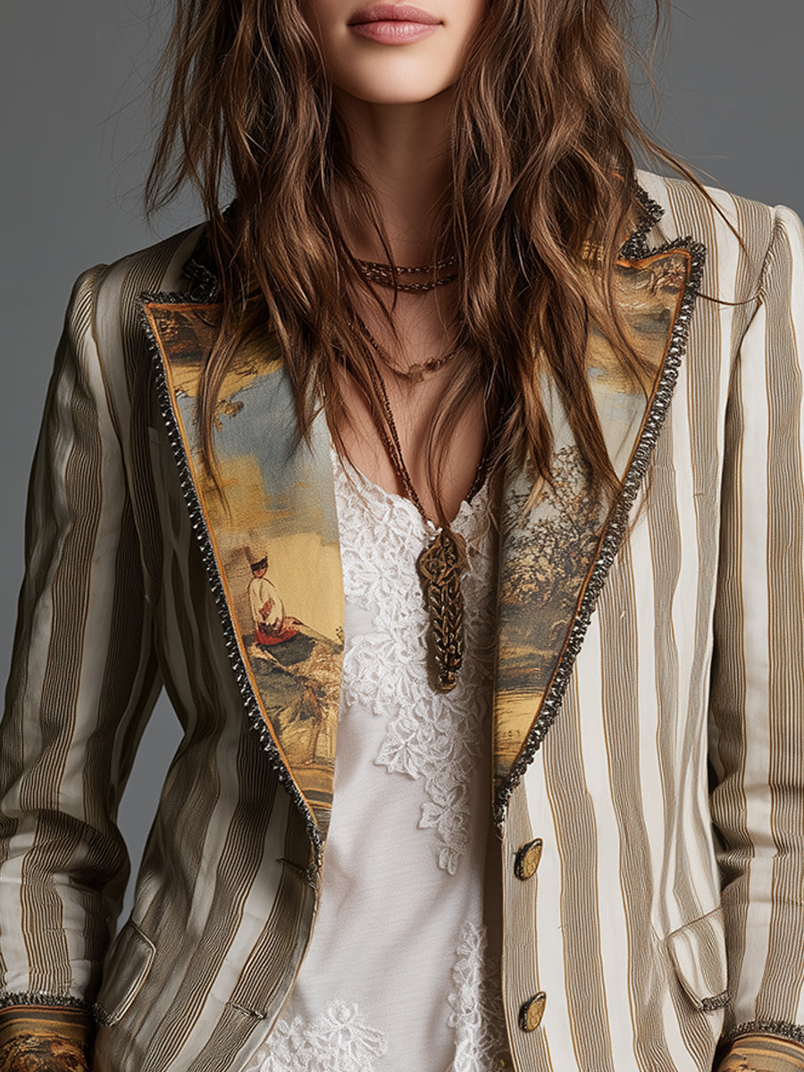 Tabitha | Boho Striped Blazer with Printed Collar