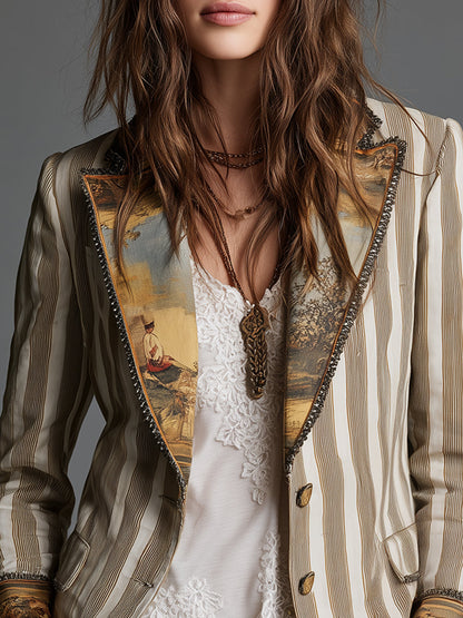 Tabitha | Boho Striped Blazer with Printed Collar