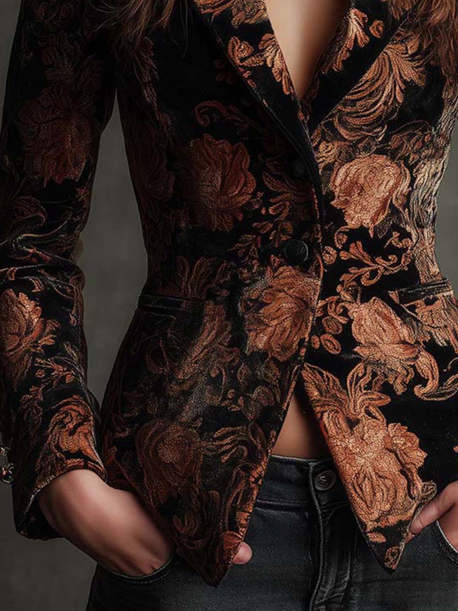Priscilla | Blazer ajusté noir et bronze à imprimé floral