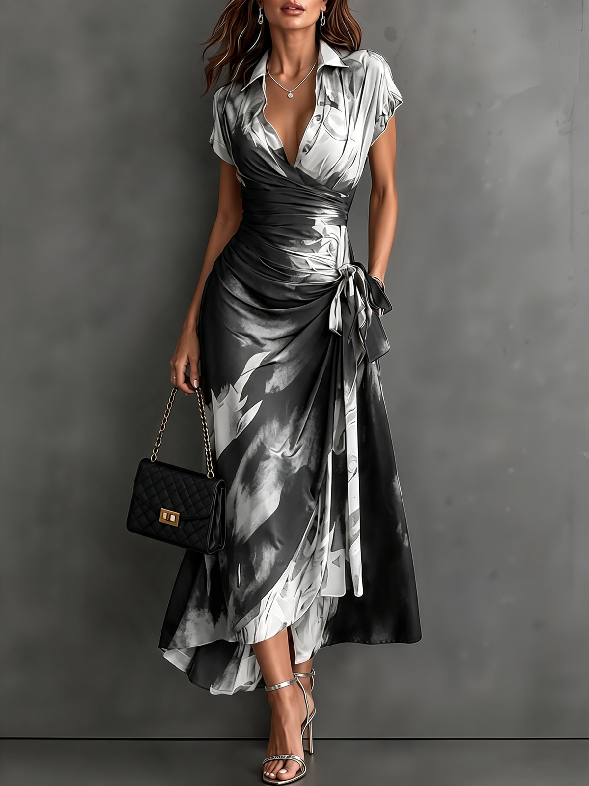 Celeste | Robe portefeuille midi à imprimé abstrait et ourlet à volants