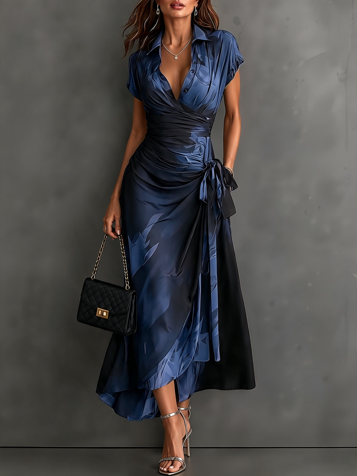 Celeste | Robe portefeuille midi à imprimé abstrait et ourlet à volants