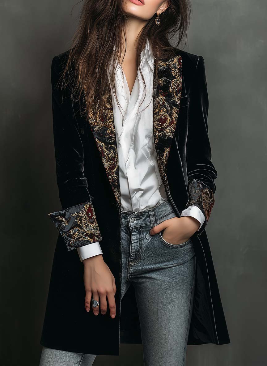 Véronique | Blazer ajusté noir à imprimé baroque