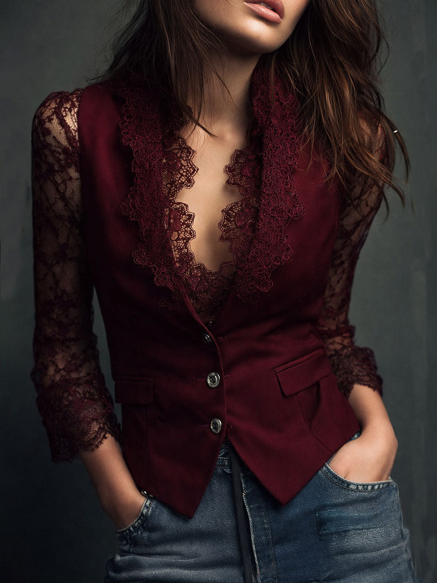 Évangéline | Haut blazer noir à manches transparentes
