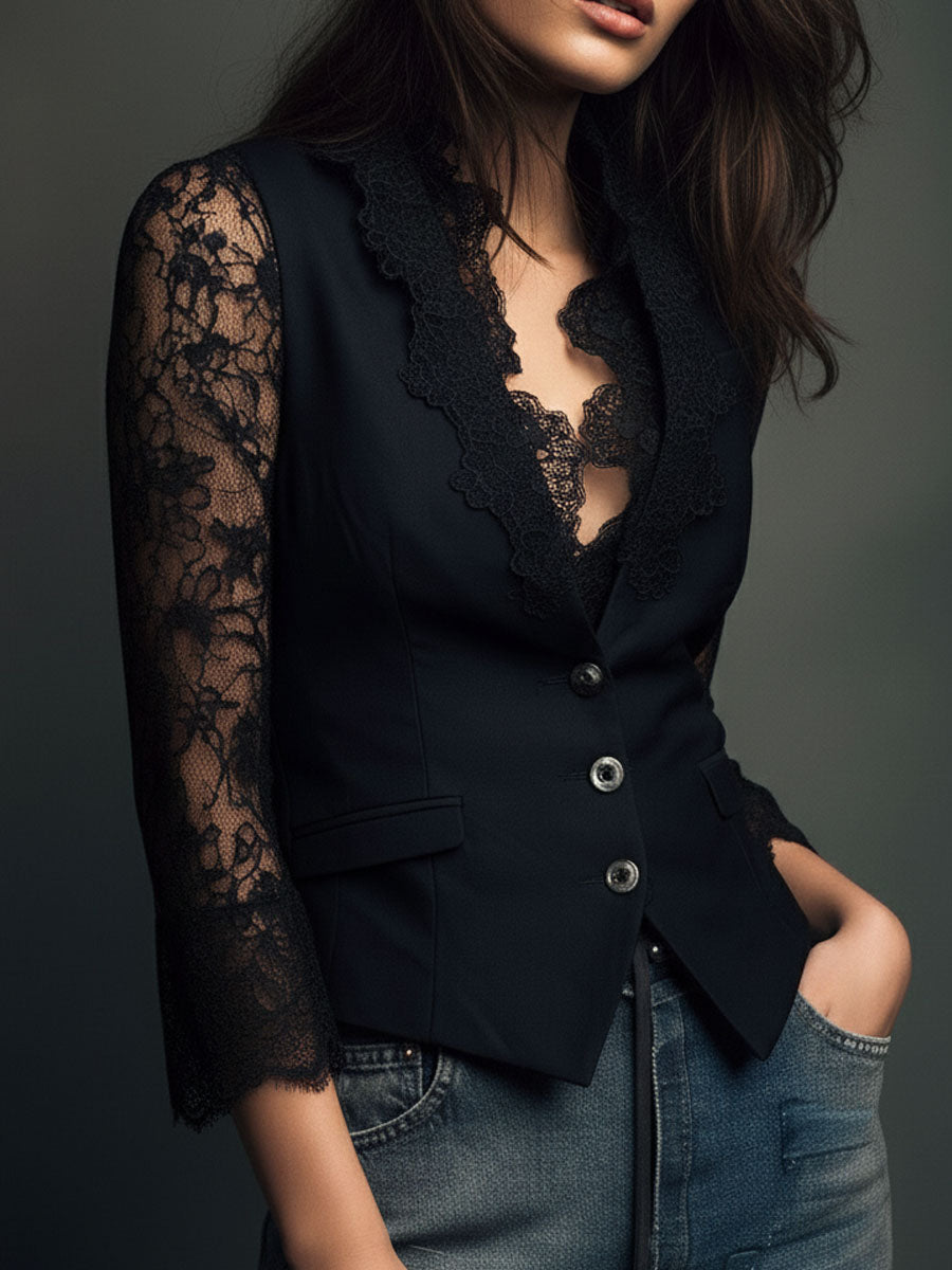 Évangéline | Haut blazer noir à manches transparentes