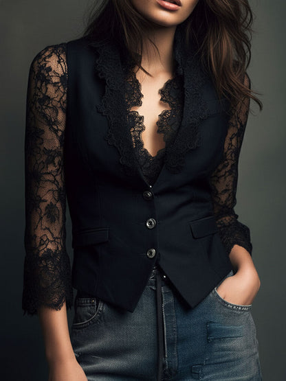 Évangéline | Haut blazer noir à manches transparentes