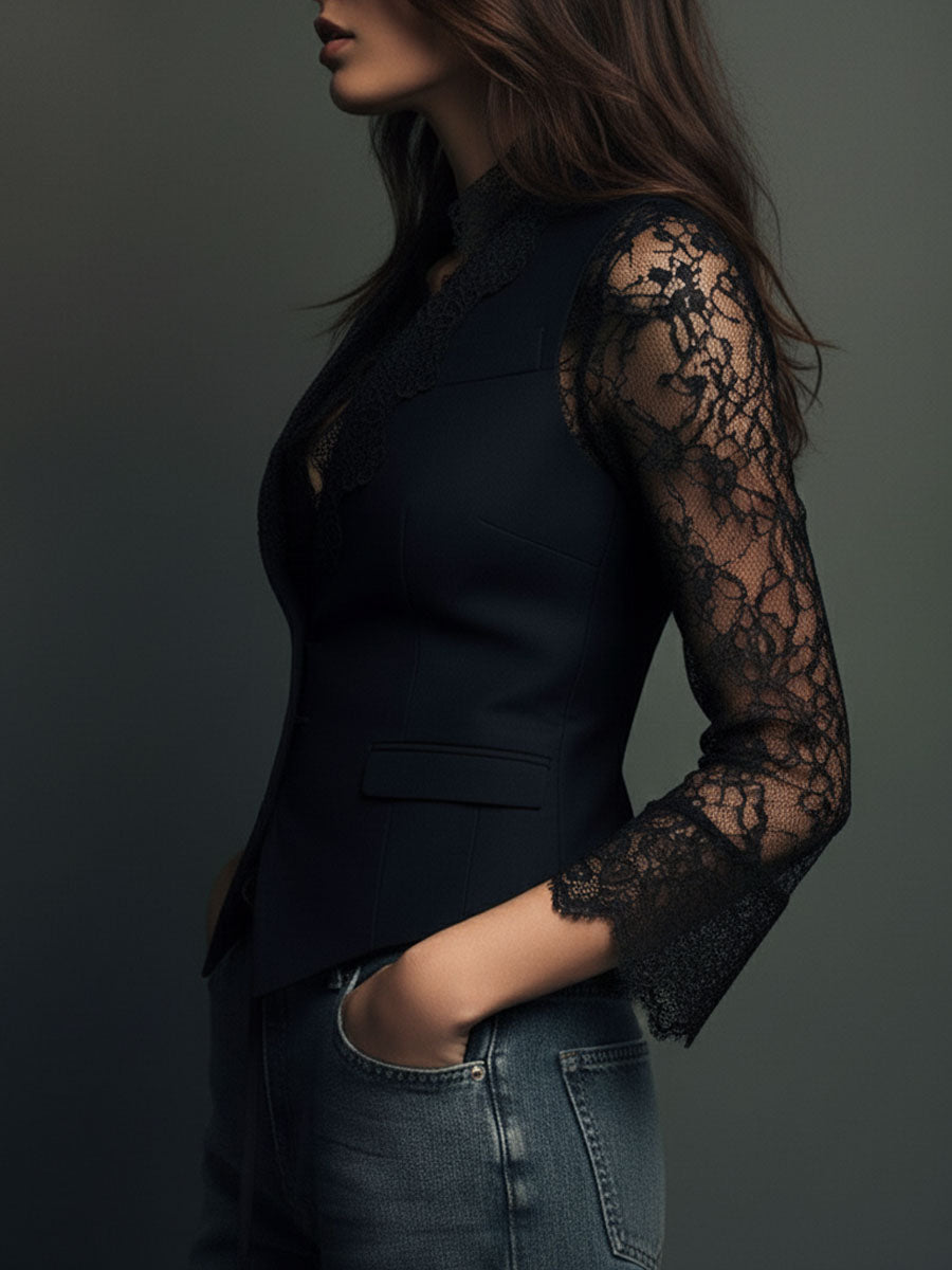Évangéline | Haut blazer noir à manches transparentes