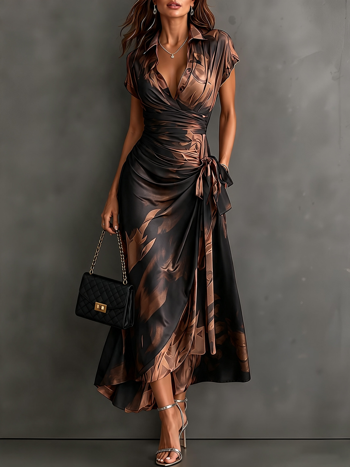 Celeste | Robe portefeuille midi à imprimé abstrait et ourlet à volants