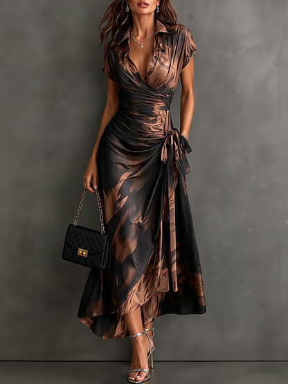 Celeste | Robe portefeuille midi à imprimé abstrait et ourlet à volants