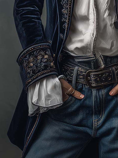 Gwendolyn | Veste longue vintage brodée bleu marine