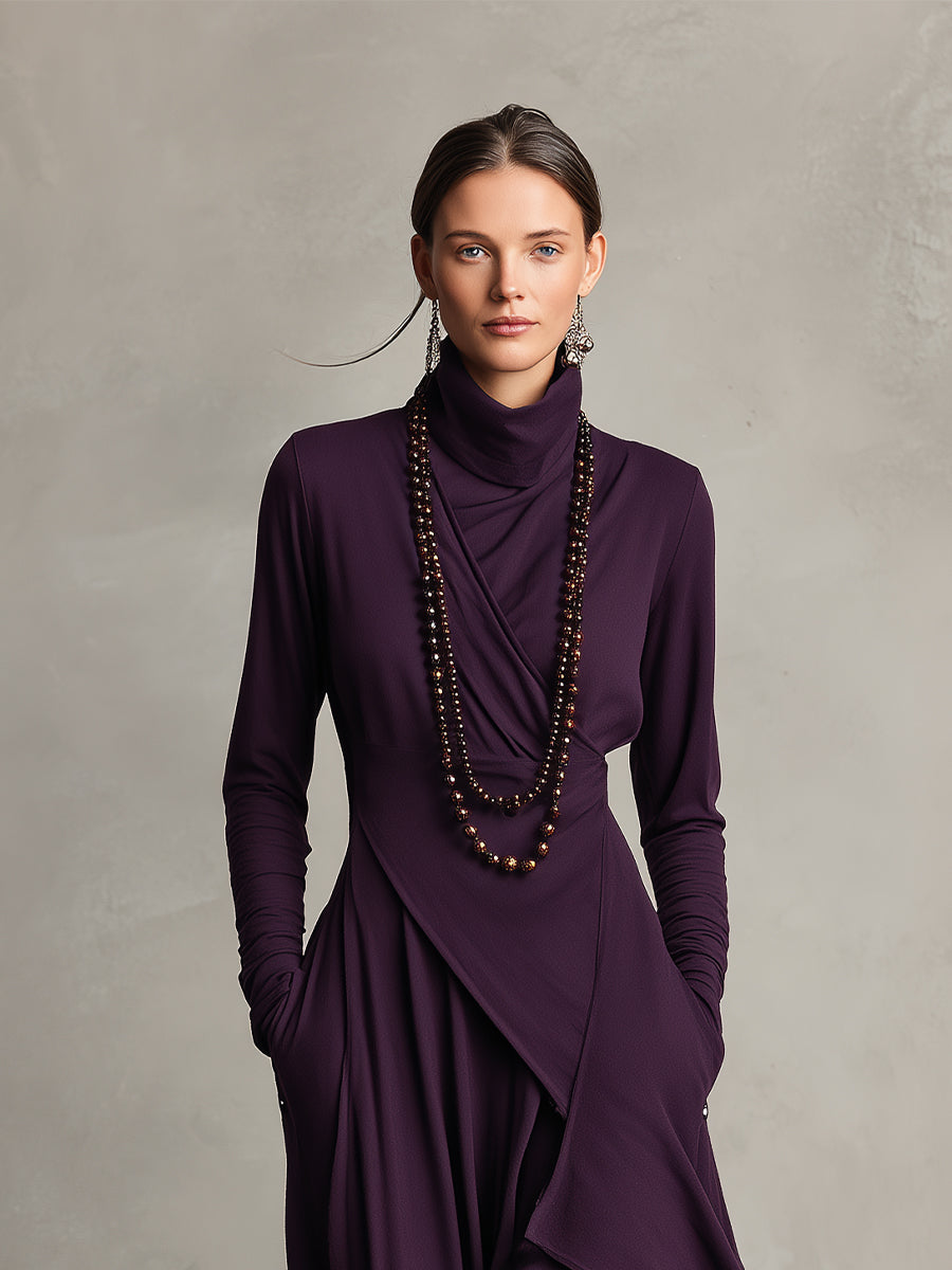 Rosalind | Robe longue bohème à col roulé et drapé asymétrique