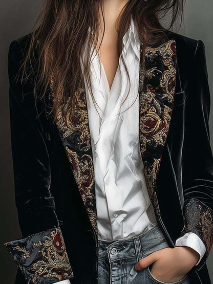Véronique | Blazer ajusté noir à imprimé baroque
