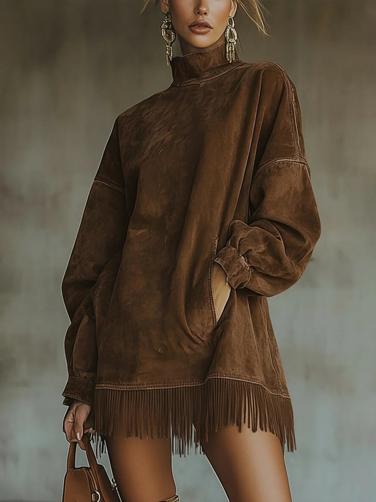 Margaret | Robe en suédine à col montant et franges
