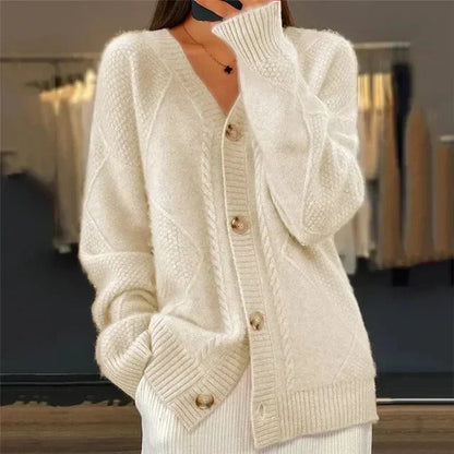 Amandine | Cardigan boutonné col V à maille losange, pièce du quotidien